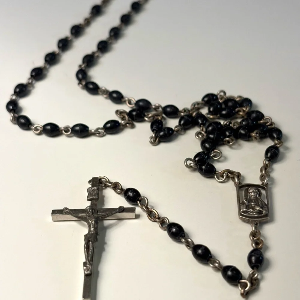 Vintage Catholic Rosary Black Beads Silver Tone Crucifix Sacred Heart